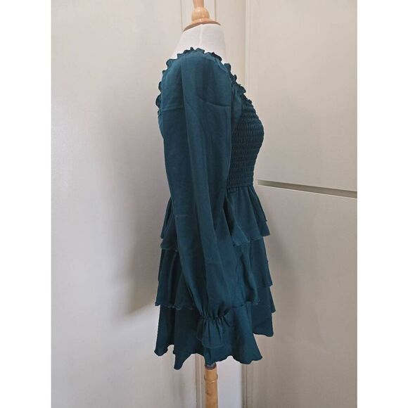 Charmed Hearts Dark Forest Green 3 Tiered Ruffle Mini Dress, Long Sleeves, Smock - Picture 7 of 11
